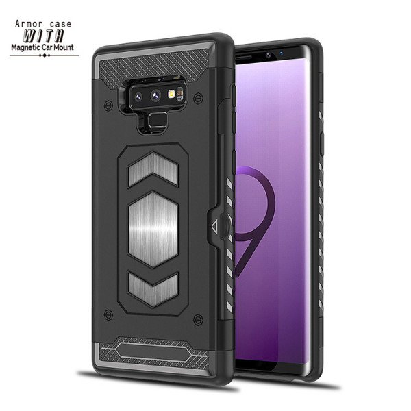 Wholesale Galaxy Note 9 Metallic Plate Case Work with Magnetic Holder and Card Slot (Black)